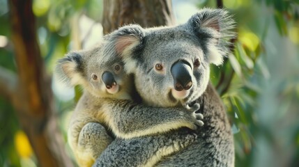 Obraz premium Mother koala with baby on her back, on eucalyptus tree.