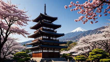 Obraz premium A traditional Japanese pagoda with a mountain in the background during cherry blossom season.