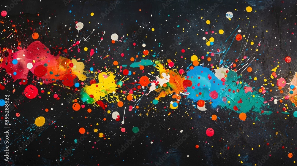 Poster energetic and lively abstract artwork showcasing an array of vivid paint splashes set against a dram