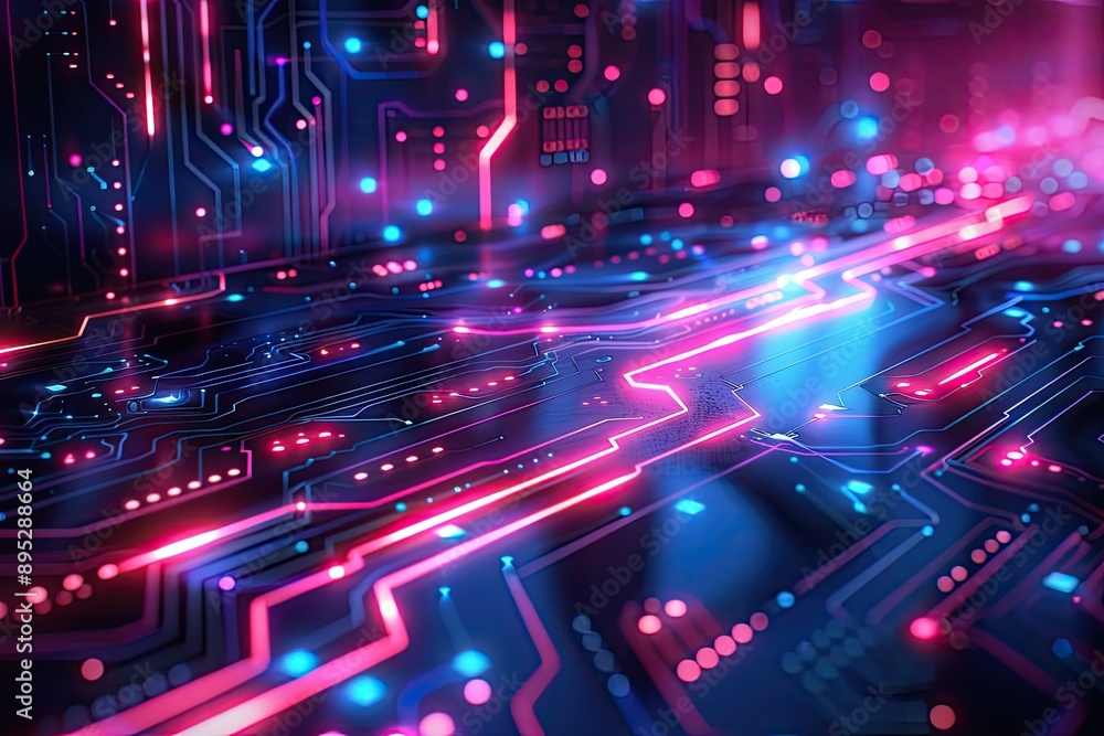 Poster neon lights illuminate a circuit board. this image depicts the flow of data and power in digital sys
