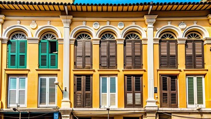 Vibrant colored windows and shutters on colonial buildings in Phuket Old Town , Phuket, Thailand, Old Town