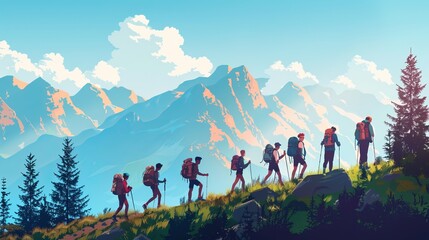 Fototapeta premium Group of mountaineers walking on the edge