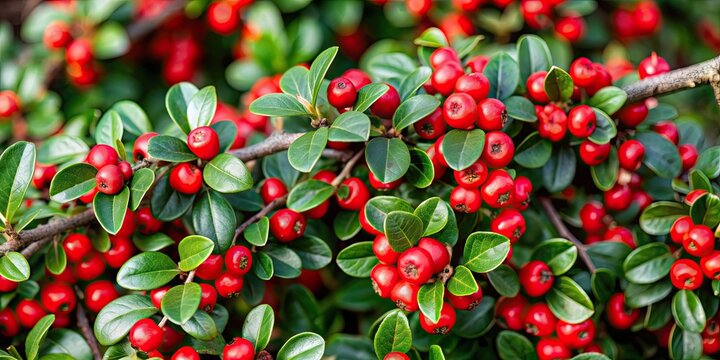 Bright red berries of bearberry cotoneaster with green leaves, bearberry cotoneaster, bright red berries, green leaves, plant