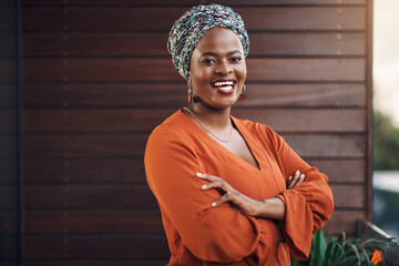 Smile, crossed arms and portrait of black woman by office with confidence for fashion career....