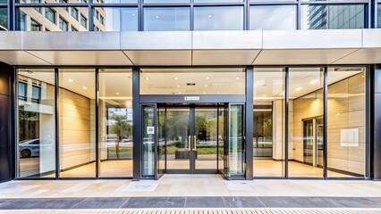 Entrance to a modern office building with glass doors and a sleek design, entrance, building, office, modern