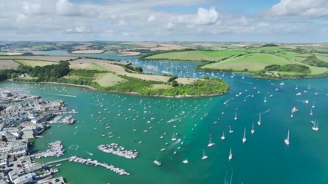 Salcombe and Mill Bay over Kingsbridge Estuary from a drone, Devon, England, Europe