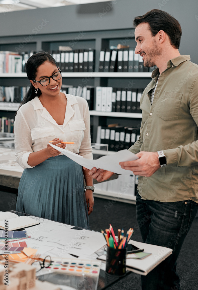 Aufkleber Discussion, blueprint and team of architects in office on site planning for building development project. Meeting, career and industry designers working with layout paperwork at architecture agency.