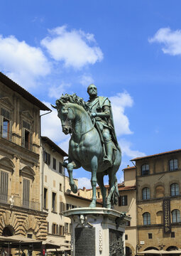Firenze, Tuscany, Italy - May 30, 2015: Low angle view of a bronze equestrian statue of Cosimo I de' Medici at Signoria plaza
