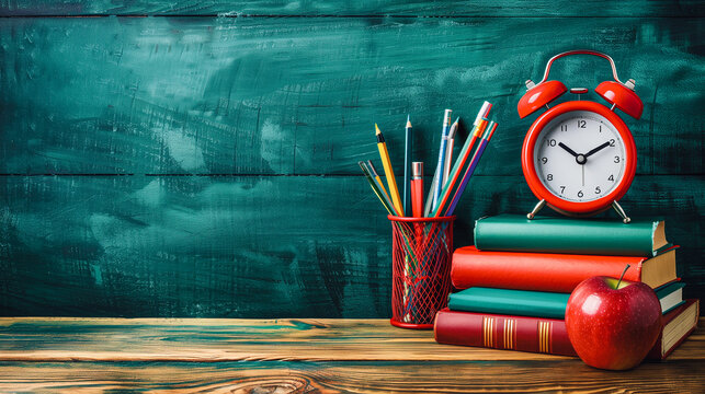 School essentials: A stack of books, a red alarm clock, an apple, and a cup of pencils sit on a wooden desk against a green chalkboard, symbolizing preparation and readiness for learning.
