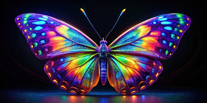 Radiant butterfly captured in UV-reactive ink, glowing with vibrant colors , butterfly, epoxy, UV-reactive, ink, vibrant, luminous