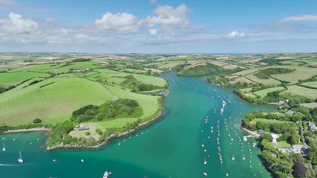 Salcombe and Mill Bay over Kingsbridge Estuary from a drone, Devon, England, Europe