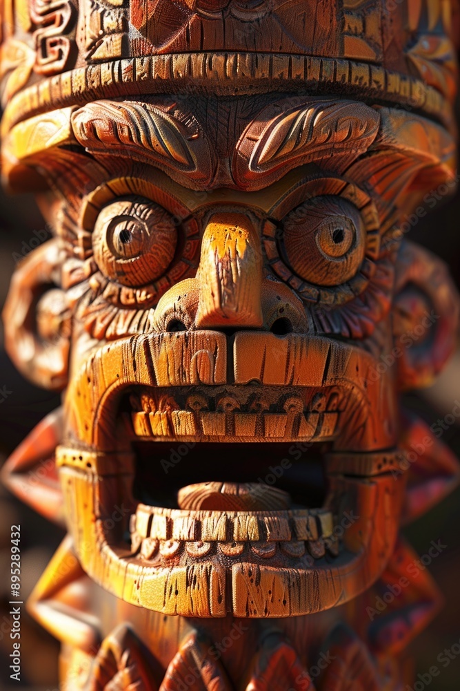 Wall mural a close-up of a wooden carving of a human face, suitable for use in designs related to nature, art, 