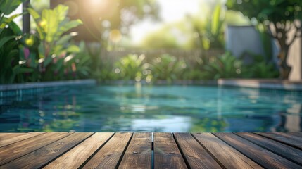Wooden table top against blurred swimming pool and home garden backdrop in the morning suitable for product display or design layout