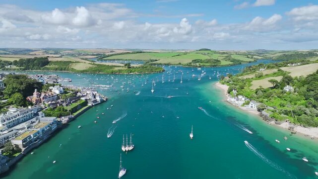 Salcombe and Mill Bay over Kingsbridge Estuary from a drone, Devon, England, Europe