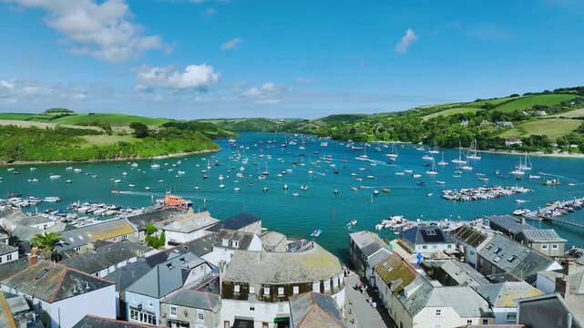 Salcombe and Mill Bay over Kingsbridge Estuary from a drone, Devon, England, Europe