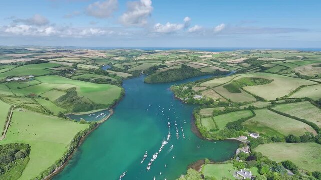 Salcombe and Mill Bay over Kingsbridge Estuary from a drone, Devon, England, Europe