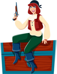Cartoon woman pirate or corsair character on treasure chest with musket gun, vector sailor. Girl pirate or corsair Caribbean adventure character and filibuster in bandana sitting on treasure chest