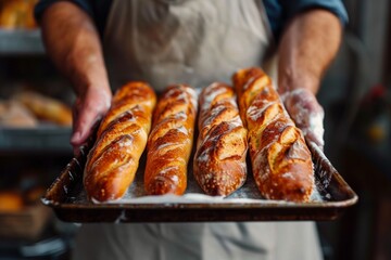 Close up of baker hands holding fresh baked baguettes on tray