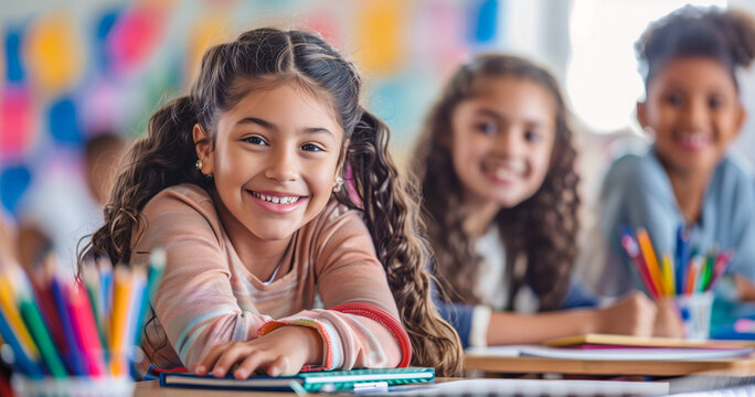 Classroom happiness: A smiling girl with classmates in a colorful classroom, showcasing the joy and camaraderie of a positive learning environment.