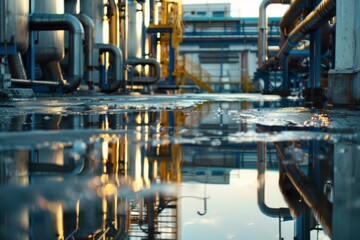 Large industrial area with pipes and water reflecting