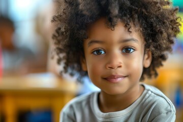 Fototapeta premium Cute little boy in blurred classroom looking at camera