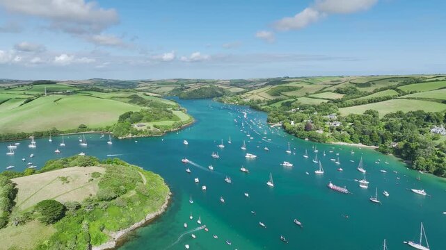 Salcombe and Mill Bay over Kingsbridge Estuary from a drone, Devon, England, Europe