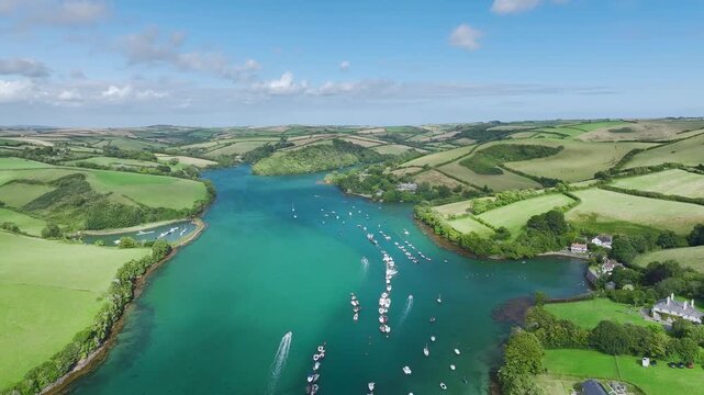 Salcombe and Mill Bay over Kingsbridge Estuary from a drone, Devon, England, Europe