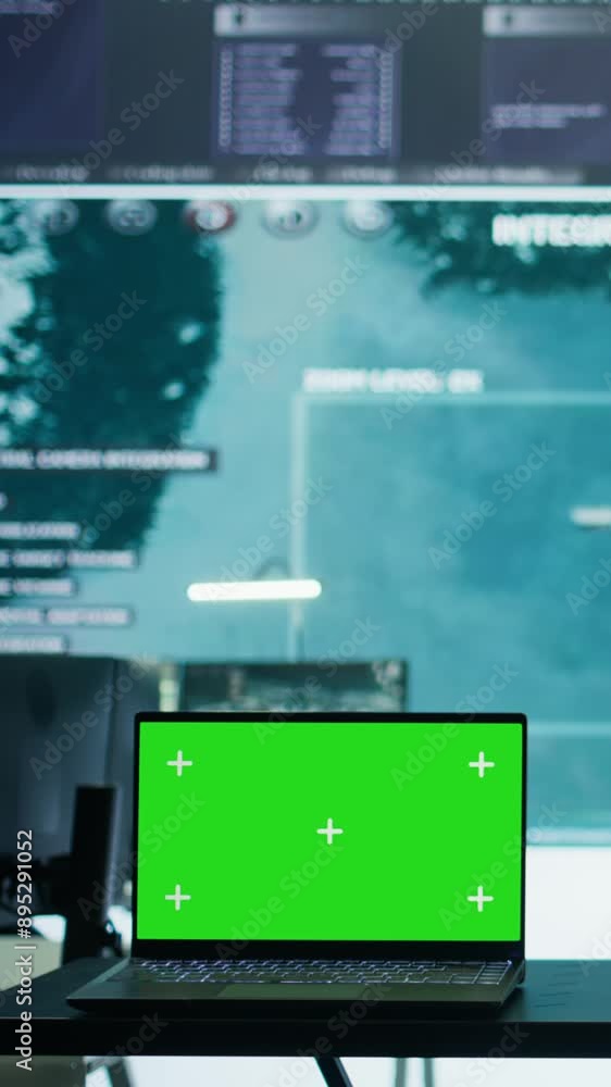 Poster Vertical Video Military IT specialist in command center working on collecting field data, process real time surveillance footage and imagery for successful defense operation. Isolated mockup display