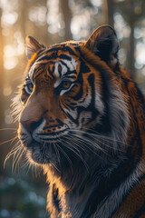 Fototapeta premium Tiger Majesty: A majestic Bengal tiger stares intently into the distance, its piercing gaze reflecting a sense of power and wildness. The warm, golden light of the setting sun illuminates its striped 