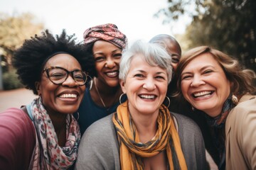 Obraz premium Diverse group of seniors taking a selfie together outdoors