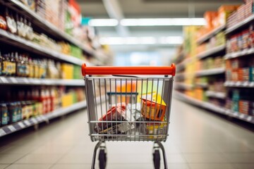 Shopping cart in a supermarket aisle