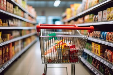 Shopping cart in a supermarket aisle