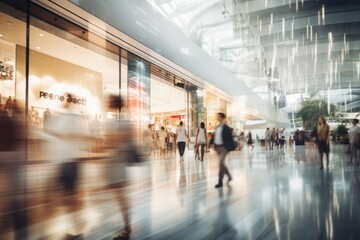 Interior of a shopping mall with motion blurred people