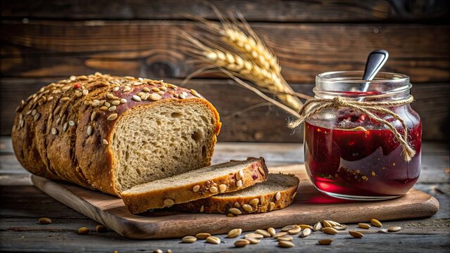 Close-up shot of a whole grain bread loaf with seeds and a jar of jam on rustic background, food, photography, whole grain, bread