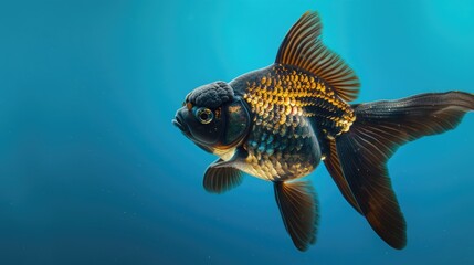 Fototapeta premium Black Moor Goldfish Swimming in Blue Water