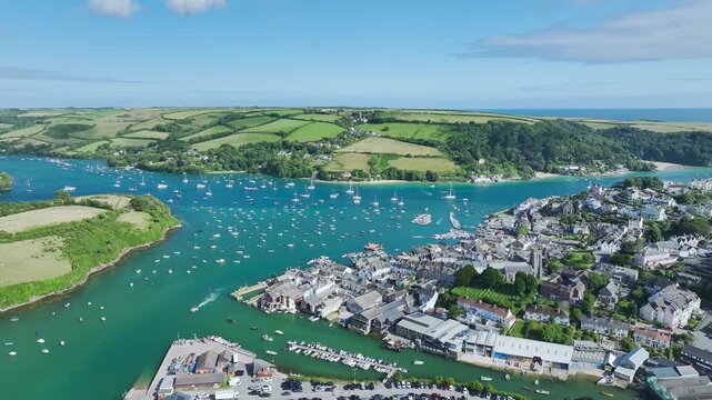 Salcombe and Mill Bay over Kingsbridge Estuary from a drone, Devon, England, Europe