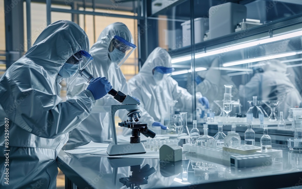 Poster A Scientist in a Protective Suit Examines a Sample Under a Microscope in a Laboratory Setting