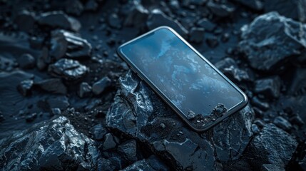 A closeup view of a black smartphone resting on a bed of black rocks