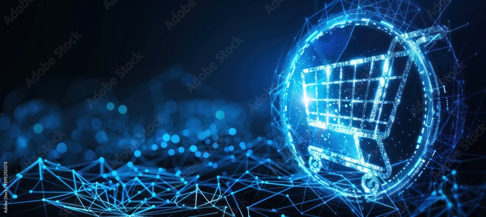Poster A digital shopping cart icon glows brightly within a circular network of blue lines and dots