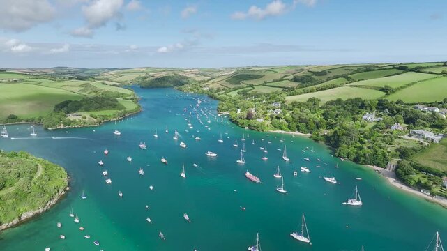 Salcombe and Mill Bay over Kingsbridge Estuary from a drone, Devon, England, Europe