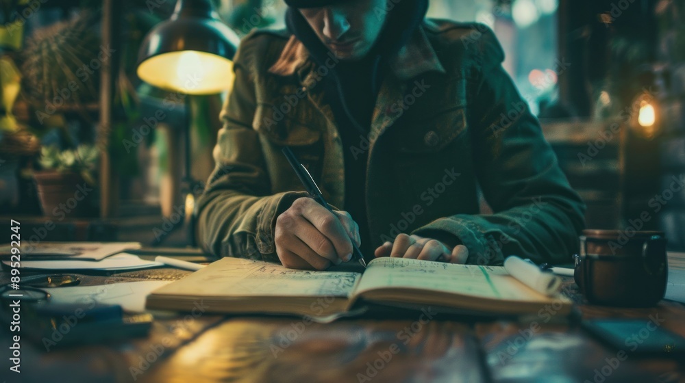 Poster a man writing in a notebook at a desk in a dimly lit indoor setting