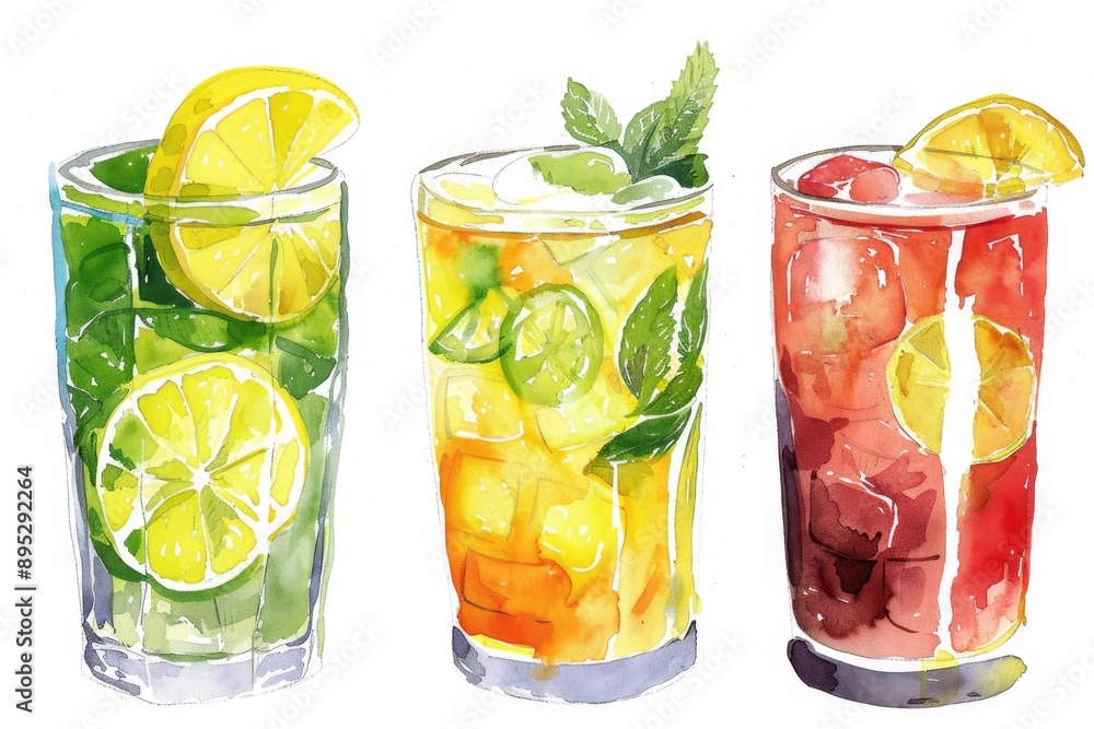 Poster a selection of three glasses with different beverages, ideal for use in illustrations about food and