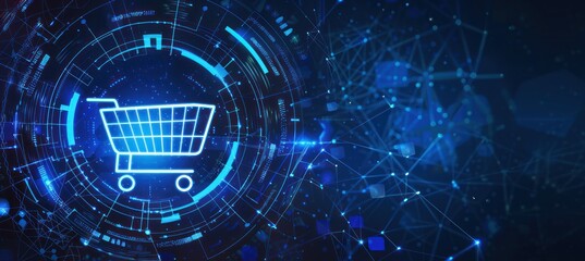 Obraz premium A glowing blue shopping cart icon within a digital network