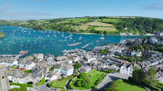 Salcombe and Mill Bay over Kingsbridge Estuary from a drone, Devon, England, Europe