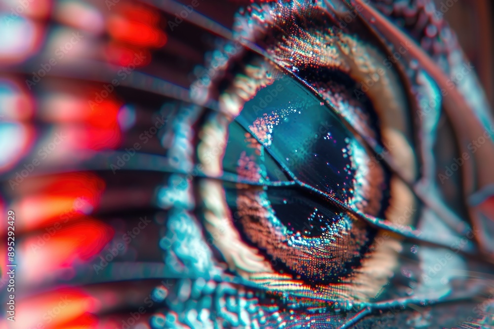 Poster a detailed shot of a bird's eye with feathers and beak visible