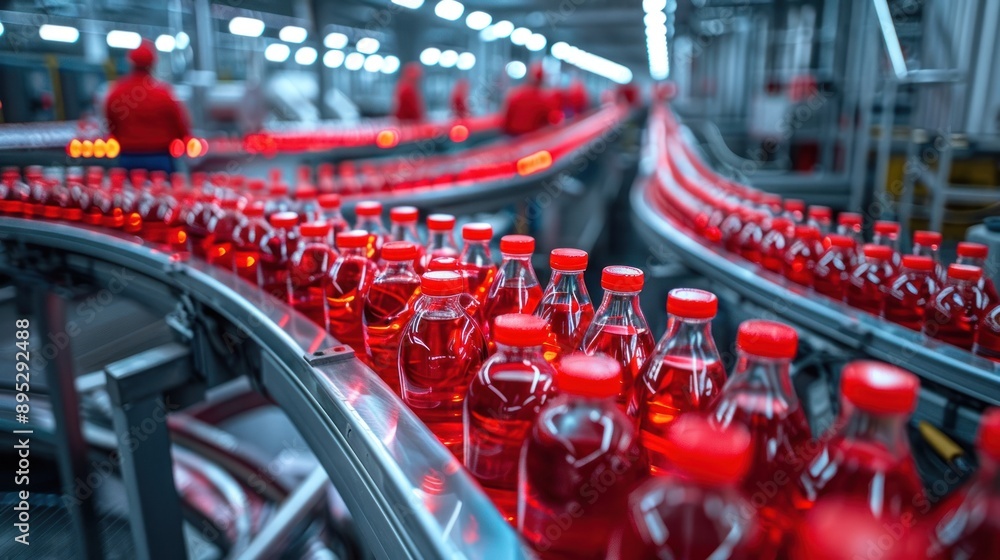 Aufkleber Red beverage bottles moving on a conveyor belt in a factory setting