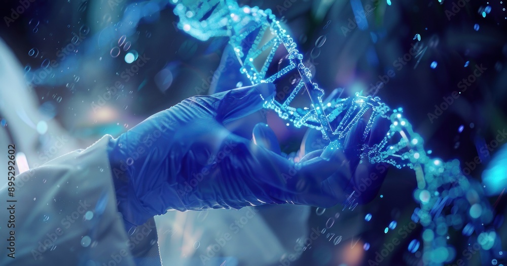 Poster a gloved hand holding a luminous dna helix in a laboratory setting
