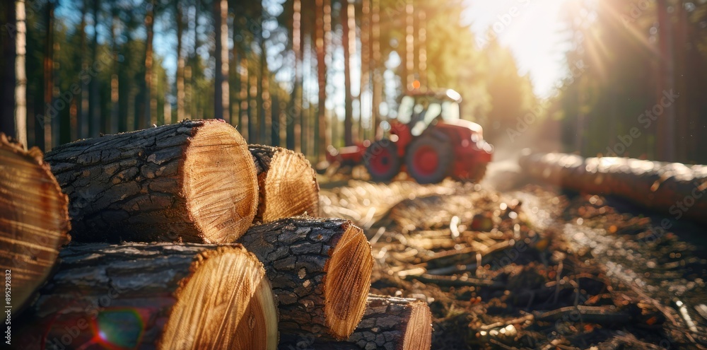 Aufkleber a closeup view of stacked tree trunks in a sunny forest clearing