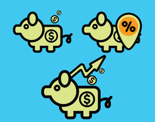Piggy bank showing increasing dollar sign savings and interest rate