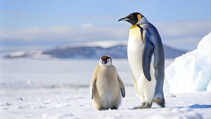 Obraz premium Emperor penguin with chick in a snowy Antarctic landscape, Emperor penguin, chick, Antarctica, snow, wildlife, flightless bird